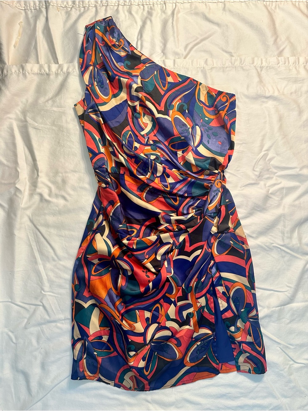 Luxxel One-Shoulder Mini Dress in Blue, Pink & Orange Abstract Print